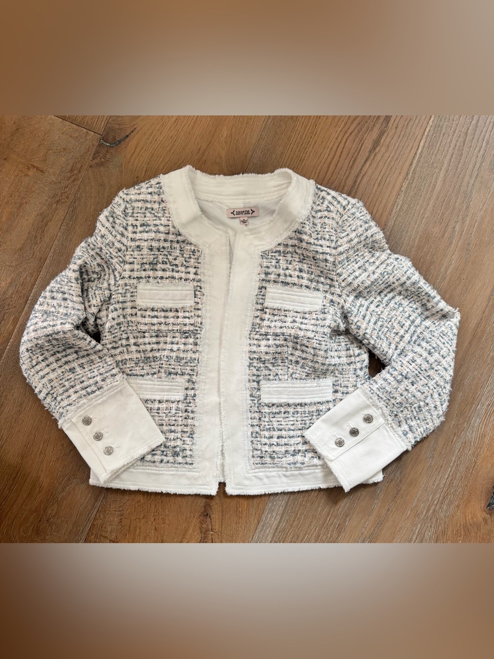 Nanette Lepore Tweed Frayed Jean Trim Boxy Jacket in Cream & Blue